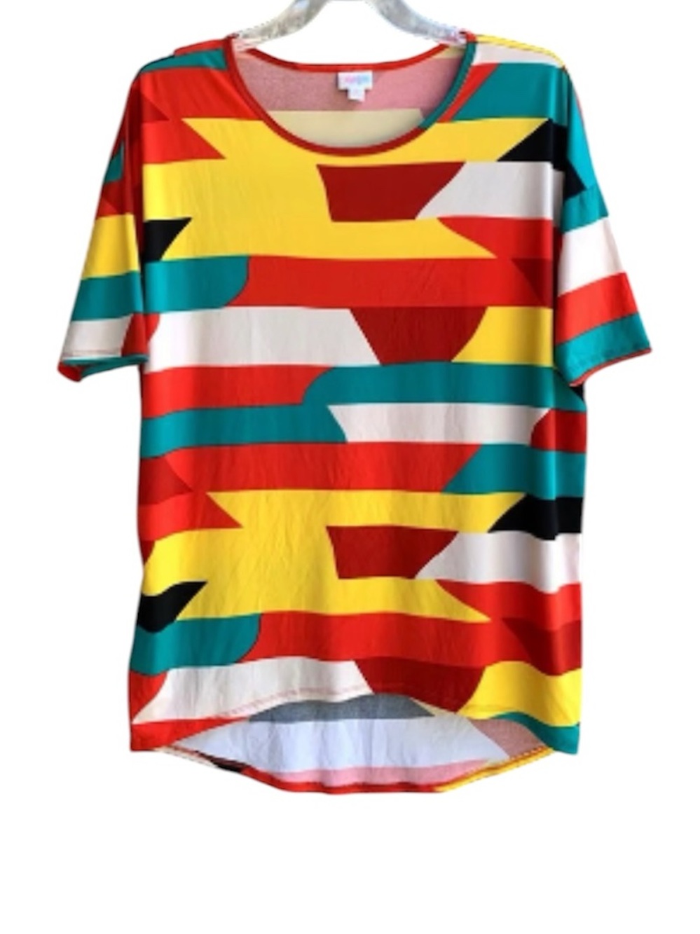 LuLaRoe Irma Tunic featuring an abstract, multicolored geometric block pattern